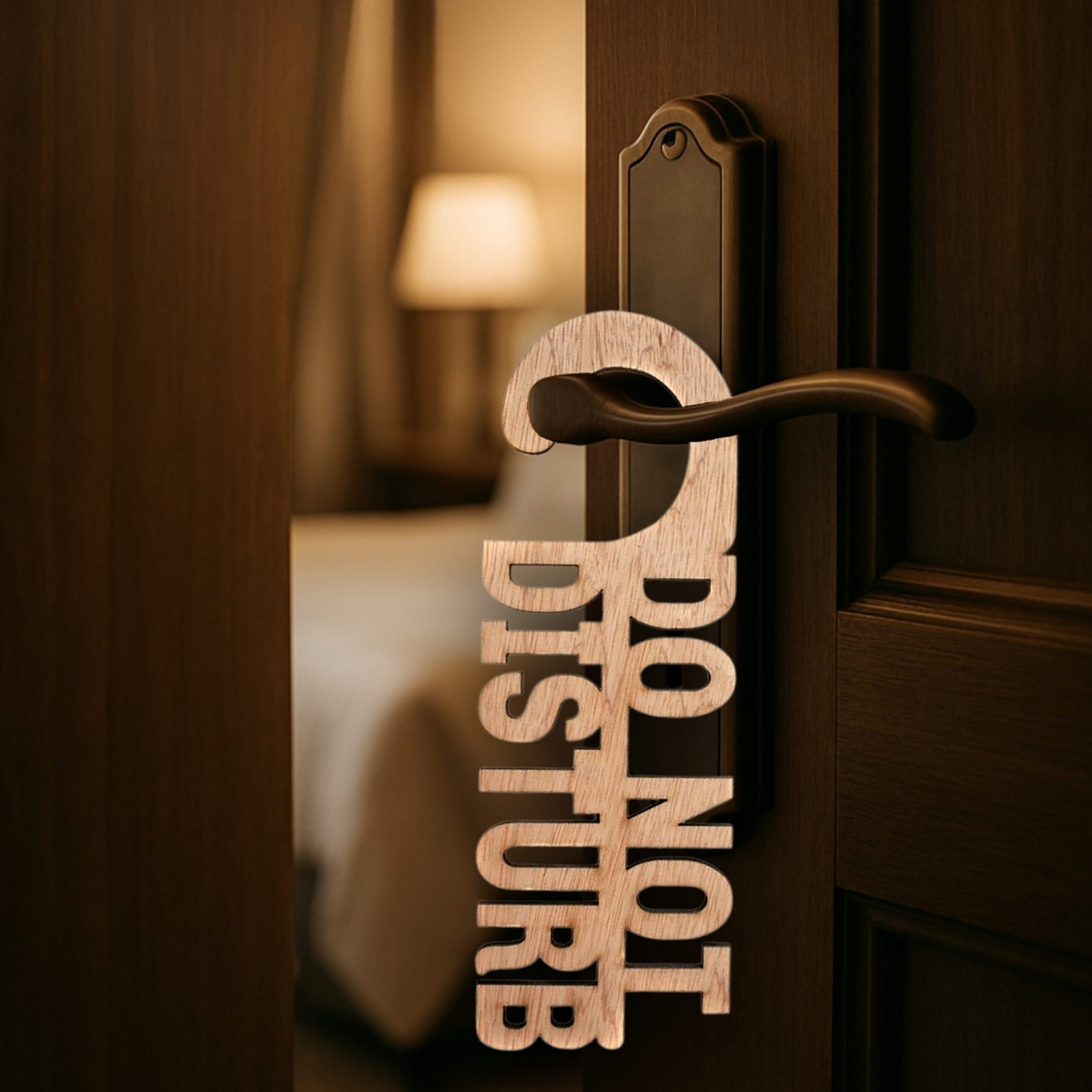 Ξύλινη Πινακίδα για Πόρτα Do not Disturb 1 This is a minimalist, laser-cut wooden door hanger used to signal privacy in a hotel or guestroom. The piece is crafted from light natural wood with a smooth, even grain. It has the classic door-hanger shape: a long vertical panel with a curved hook at the top that slips easily over a door handle. What makes this sign unique is that the message is not printed on the wood—the letters themselves are cut out as part of the sign. The text “DO NOT DISTURB” appears in large, bold capital letters that are carved completely through the wood, giving the sign an open, airy look. The letters are thick and sturdy, arranged in three stacked lines, with each word aligned vertically. Because the letters are cut out, the sign has a sculptural, three-dimensional feel, combining both function and design. The overall look is simple, modern, and elegant, making it ideal for boutique hotels, Airbnb stays, spas, or private rooms.