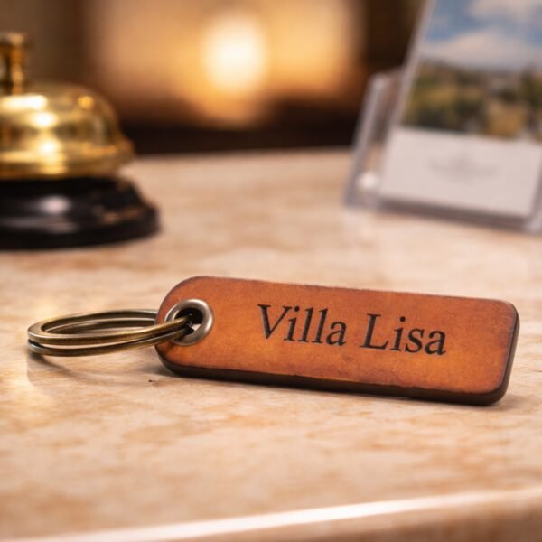 Δερμάτινο μπρελόκ με χάραξη «Villa Lisa» πάνω σε γυαλιστερό πάγκο υποδοχής ξενοδοχείου, με μπρούτζινο κουδούνι και φυλλάδια θολά στο φόντο υπό ζεστό φωτισμό.