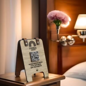 Ξύλινη Επιτραπέζια Πινακίδα Διπλής Όψης με QR Code – WiFi & Μενού