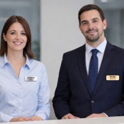 Άνδρας και γυναίκα πίσω από πάγκο υποδοχής σε επαγγελματικό χώρο, φορώντας καρτελάκια ονόματος σε ασημί και χρυσό χρώμα.»