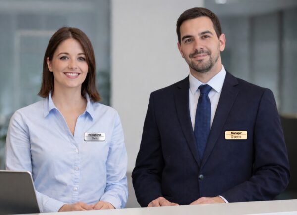 Άνδρας και γυναίκα πίσω από πάγκο υποδοχής σε επαγγελματικό χώρο, φορώντας καρτελάκια ονόματος σε ασημί και χρυσό χρώμα.»