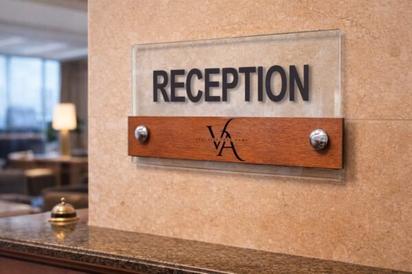Επίτοιχη πινακίδα Reception από διάφανο ακρυλικό και ξύλο κόντρα πλακέ με ανάγλυφα μαύρα γράμματα και λογότυπο σε τοίχο υποδοχής.