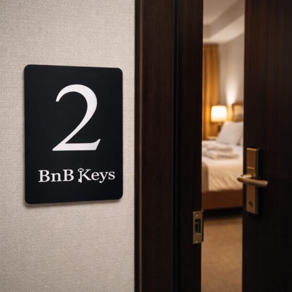 Πινακίδα για Σήμανση Δωματίων με Λογότυπο μαύρη με λευκή χάραξη με τον αριθμό 2 και λογότυπο ξενοδοχείου