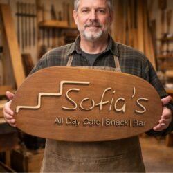 Χειροποίητη Ξύλινη Επιγραφή 60εκ 2 Χειροποίητη Ξύλινη Επιγραφή οβάλ με επικολλημένα ξύλινα στοιχεία που την κρατάει άνδρας με ποδιά ξυλουργού