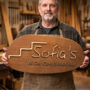 Αρχική 2 Χειροποίητη Ξύλινη Επιγραφή οβάλ με επικολλημένα ξύλινα στοιχεία που την κρατάει άνδρας με ποδιά ξυλουργού