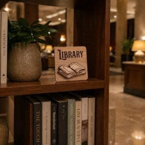 Χειροποίητη επιτραπέζια ξύλινη πινακίδα σήμανσης με τη λέξη "Library" και ένα τρισδιάστατο (3D) επικολλημένο σχέδιο ανοιχτού βιβλίου, τοποθετημένη σε ράφι βιβλιοθήκης ξενοδοχείου.
