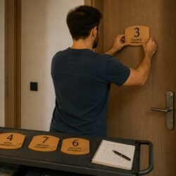 Άνδρας τοποθετεί χειροποίητη ξύλινη επιγραφή αρίθμησης με το νούμερο 3 σε πόρτα δωματίου ξενοδοχείου, ενώ σε καρότσι μπροστά του υπάρχουν επιπλέον ξύλινες ταμπέλες σήμανσης για AirBnB και μπλοκ σημειώσεων.