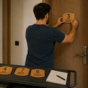 Άνδρας τοποθετεί χειροποίητη ξύλινη επιγραφή αρίθμησης με το νούμερο 3 σε πόρτα δωματίου ξενοδοχείου, ενώ σε καρότσι μπροστά του υπάρχουν επιπλέον ξύλινες ταμπέλες σήμανσης για AirBnB και μπλοκ σημειώσεων.