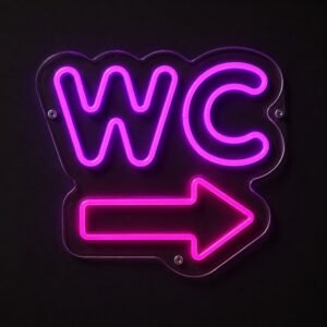 Αρχική 4 Μωβ και ροζ φωτεινή επιγραφή Neon Flex WC με βέλος κατεύθυνσης και διάφανη πλάτη plexiglass