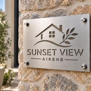 Αρχική 3 Ανοξείδωτη επιγραφή Sunset View Airbnb με κομμένο όνομα, σχέδιο κατοικίας και κλαδί ελιάς, τοποθετημένη με ασημί αποστάτες σε πέτρινο τοίχο