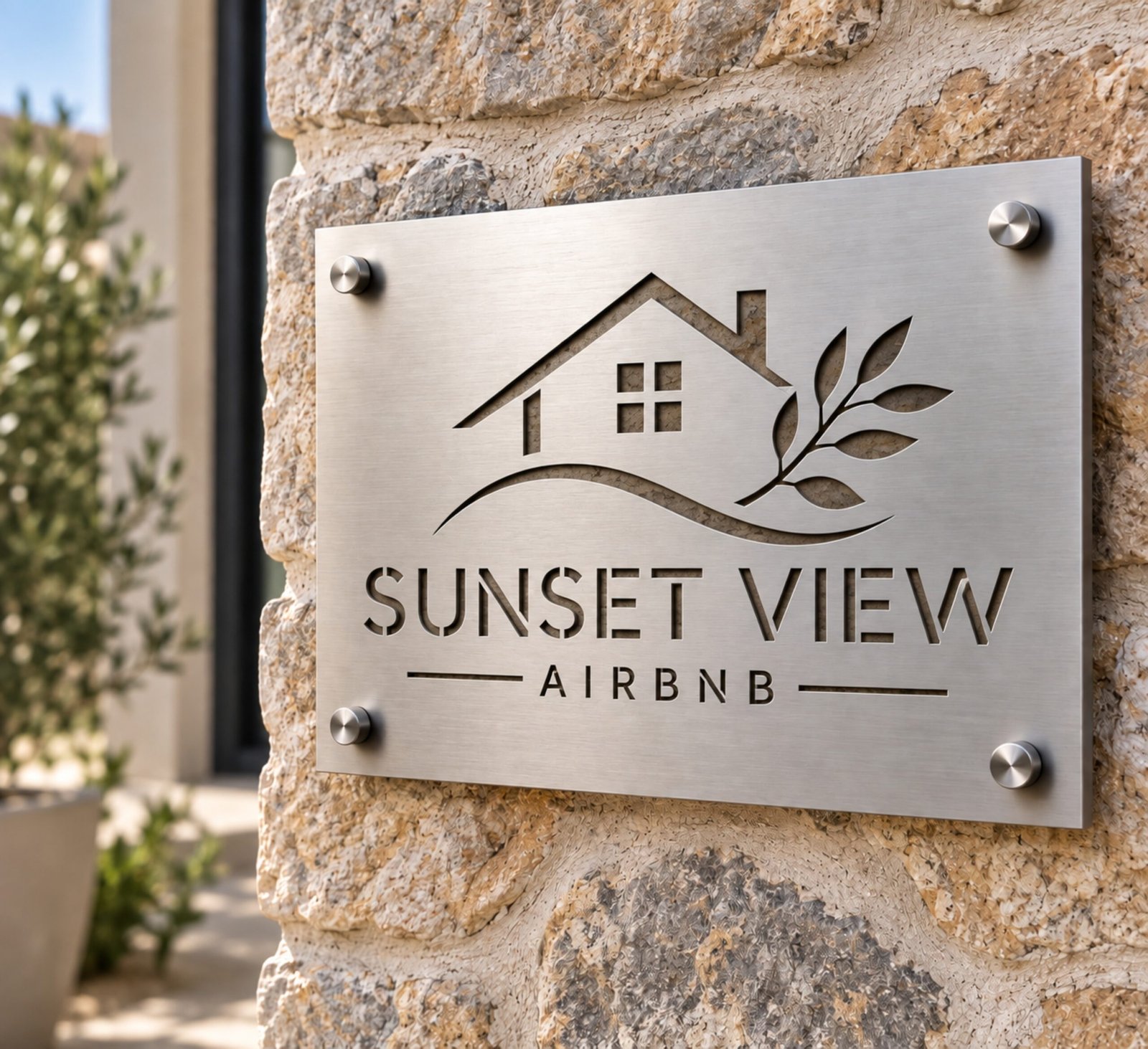 Ανοξείδωτη Επιγραφή Airbnb με Όνομα – Προσωποποιημένη 1 Ανοξείδωτη επιγραφή Sunset View Airbnb με κομμένο όνομα, σχέδιο κατοικίας και κλαδί ελιάς, τοποθετημένη με ασημί αποστάτες σε πέτρινο τοίχο