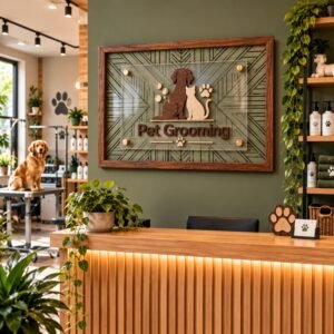 Αρχική 1 Χειροποίητη επιγραφή Pet Grooming για κομμωτήριο σκύλων και γατών, με καφέ ξύλινη κορνίζα, πράσινο γεωμετρικό φόντο, διάφανο plexiglass με χρυσούς αποστάτες, ανάγλυφες ξύλινες φιγούρες σκύλου και γάτας, πατούσες και τρισδιάστατα γράμματα.