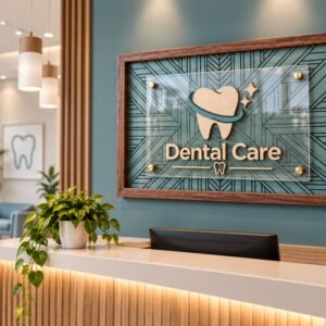 Αρχική 2 Ξύλινη επιγραφή Dental Care για οδοντιατρείο με γεωμετρικό χαραγμένο φόντο, διάφανο plexiglass, μεταλλικούς αποστάτες και ανάγλυφο σχέδιο δοντιού πίσω από reception